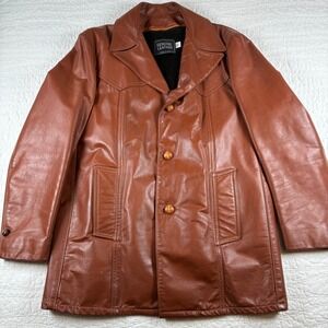 Vintage Genuine Leather Car Coat Mens 40 Brown Faux Fur Lined Western USA Made